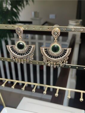 Gold-Tone Green & Black Statement Drop Earrings